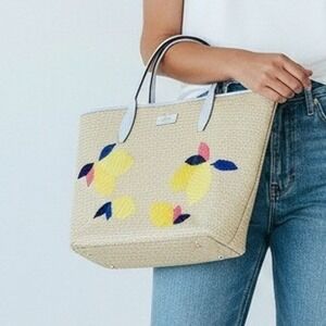 Kate Spade Ash Straw‎ Lemon Zest Large Tote Bag Natural Beige Straw Summer READ